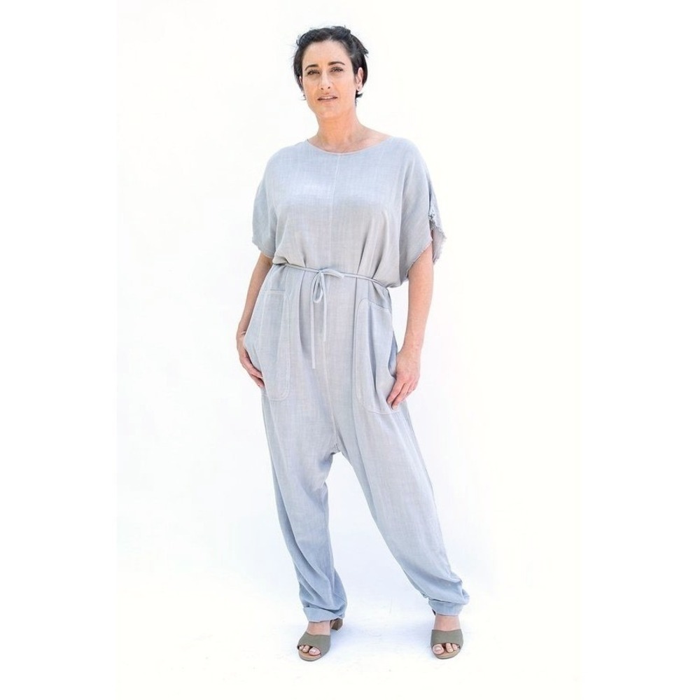 Tina + Jo Tula Jumpsuit Light Gray Linen‎ Blend Short Sleeve Tie Waist Pockets M